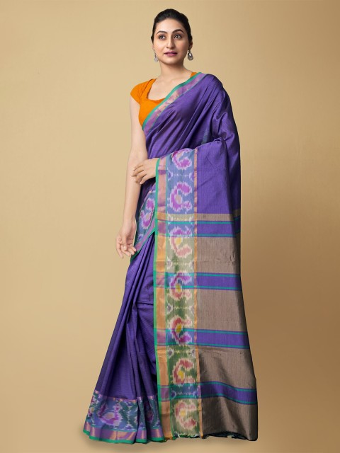 

Unnati Silks Violet & Grey Ikat Woven Design Handloom Silk Cotton Kanjeevaram Saree