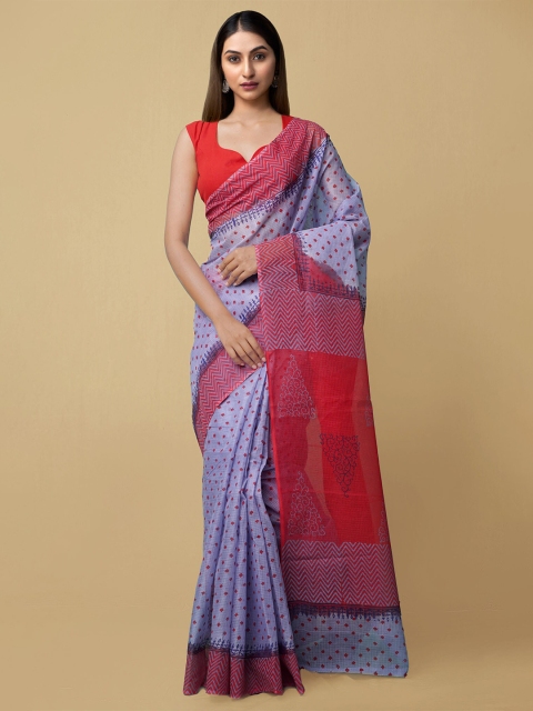 

Unnati Silks Violet & Red Ethnic Motifs Hand Block Printed Pure Cotton Kota Saree