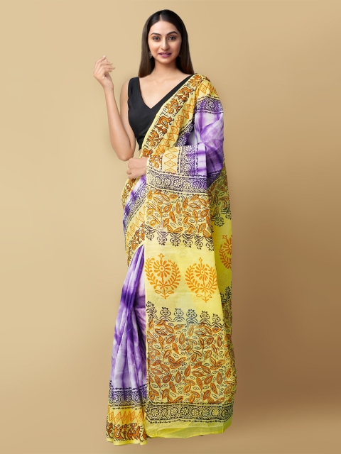 

Unnati Silks Violet & Yellow Shibori Printed Mulmul Cotton Dabu Saree