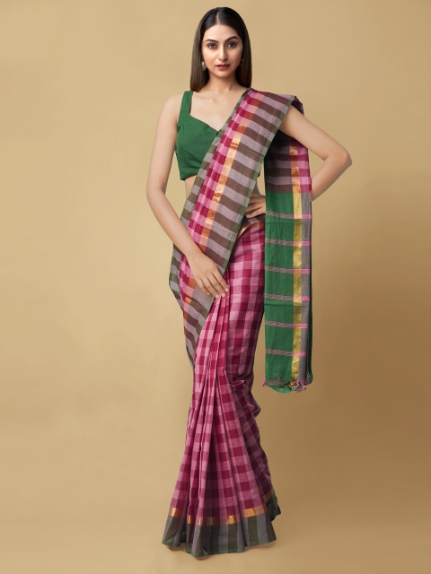 

Unnati Silks Maroon & Pink Checked Handloom Pure Cotton Mangalgiri Saree