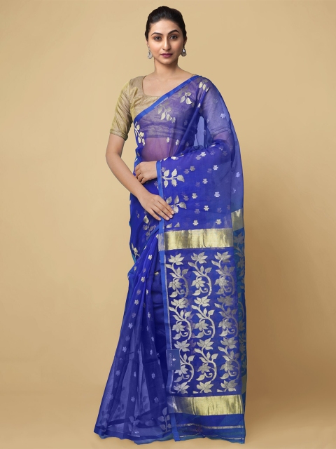 

Unnati Silks Women Blue & Golden Floral Woven Design Handloom Jamdhani Maheshwari Saree