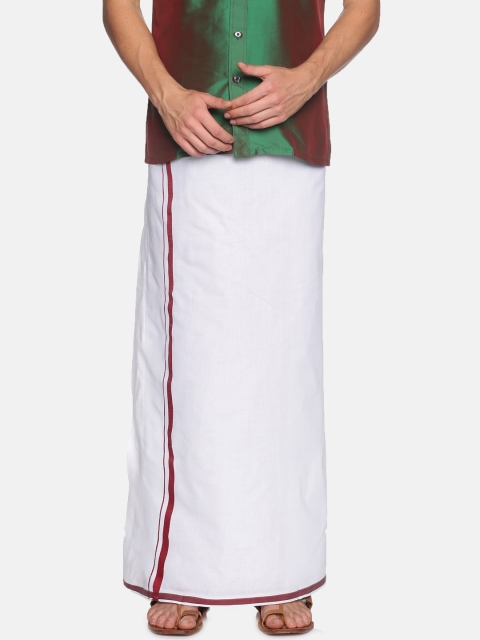 

Chennis Men White Solid Pure Cotton Dhoti With Maroon Border