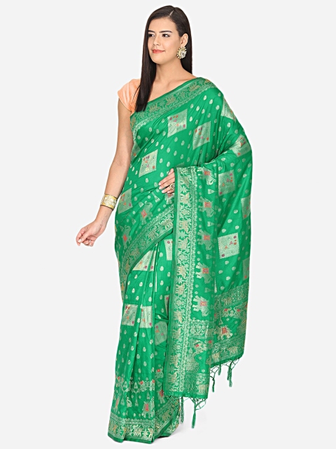 

BOMBAY SELECTIONS Green & Gold-Coloured Ethnic Motifs Woven Design Art Silk Banarasi Saree