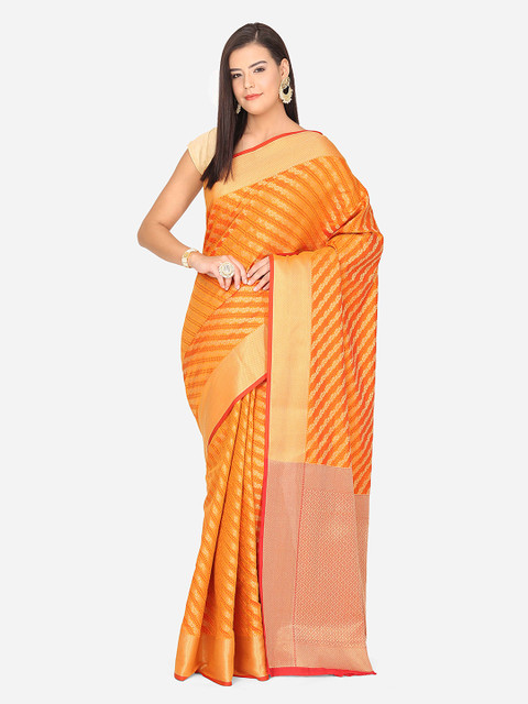 

BOMBAY SELECTIONS Mustard Yellow & Red Ethnic Motifs Woven Design Art Silk Banarasi Saree
