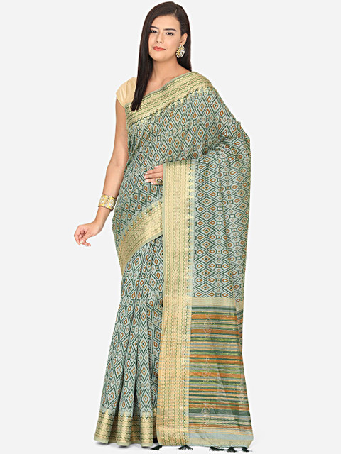 

BOMBAY SELECTIONS Green & Gold-Coloured Printed Art Silk Ikat Saree