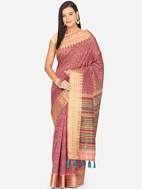 

BOMBAY SELECTIONS Pink & Maroon Printed Art Silk Ikat Saree