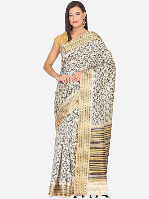 

BOMBAY SELECTIONS Cream-Coloured & Grey Printed Art Silk Ikat Saree