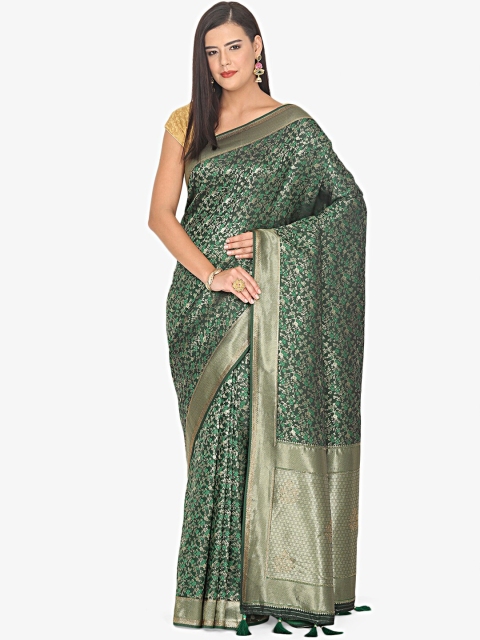 

BOMBAY SELECTIONS Green & Gold-Coloured Floral Woven Design Art Silk Banarasi Saree