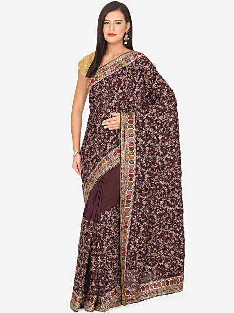 

BOMBAY SELECTIONS Purple & Gold-Coloured Floral Embroidered Saree