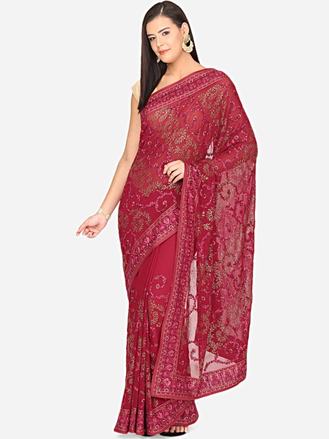 

BOMBAY SELECTIONS Maroon & Pink Floral Embroidered Saree