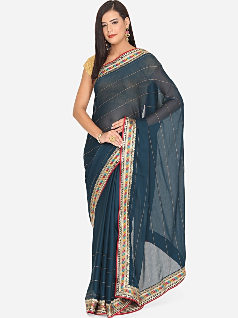 

BOMBAY SELECTIONS Blue Striped Embellished Saree