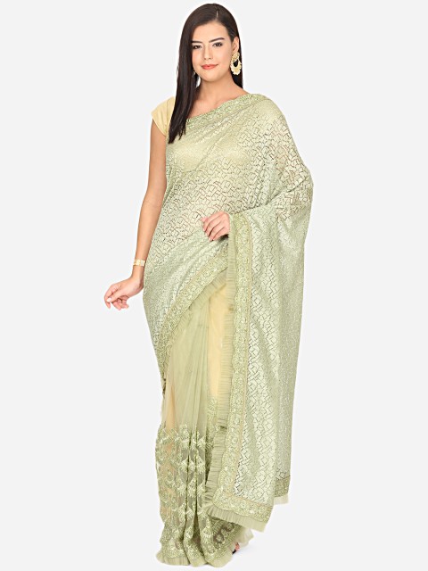 

BOMBAY SELECTIONS Green Woven Design Embellished Net Saree