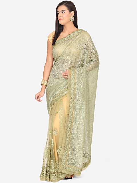 

BOMBAY SELECTIONS Green & Gold-Coloured Woven Design Embellished Net Saree