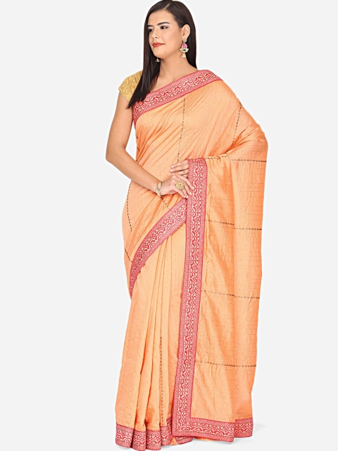

BOMBAY SELECTIONS Orange & Pink Embroidered Art Silk Chanderi Saree