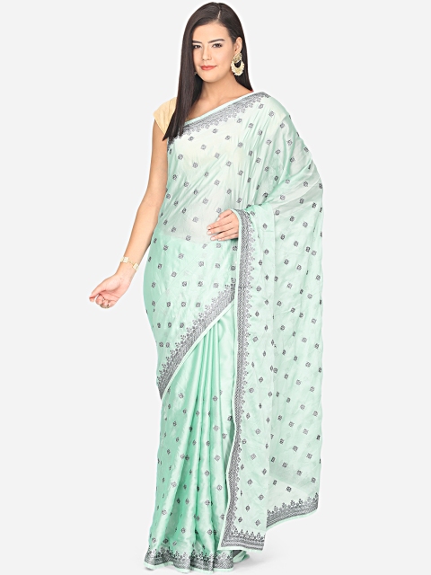 

BOMBAY SELECTIONS Sea Green & Grey Ethnic Motifs Embroidered Organza Saree