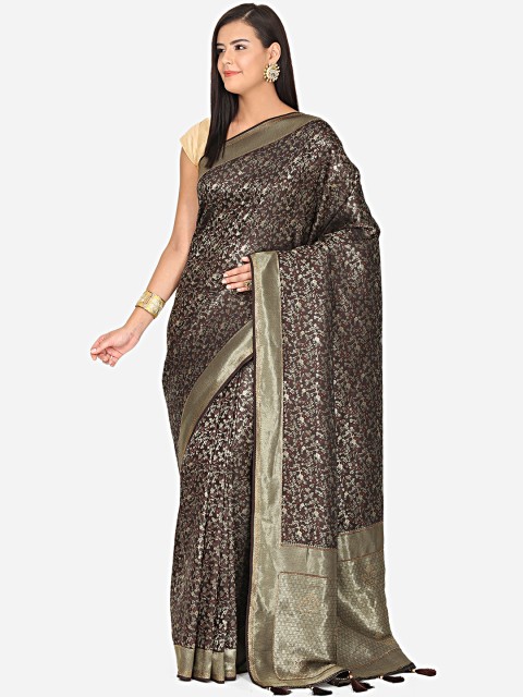 

BOMBAY SELECTIONS Black & Brown Floral Art Silk Banarasi Saree