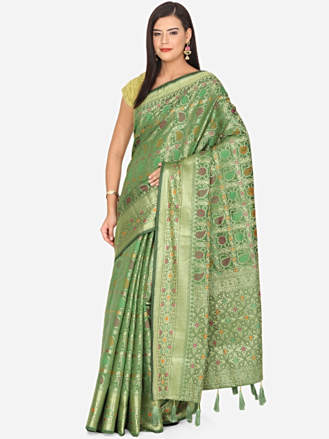

BOMBAY SELECTIONS Green & Gold-Coloured Ethnic Motifs Woven Design Art Silk Banarasi Saree