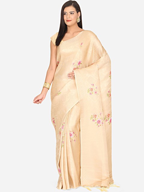 

BOMBAY SELECTIONS Beige & Gold-Coloured Floral Printed Art Silk Banarasi Saree