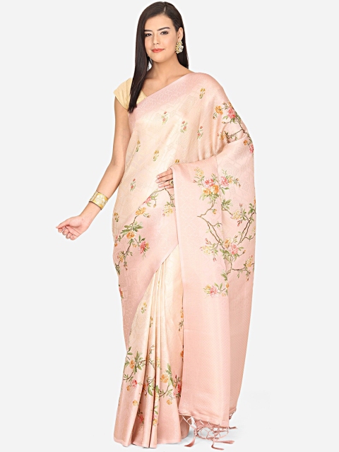 

BOMBAY SELECTIONS Pink Floral Printed Art Silk Banarasi Saree