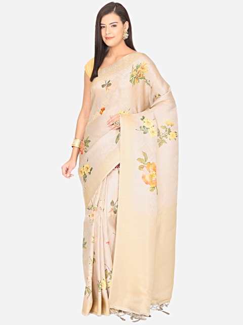 

BOMBAY SELECTIONS Grey & Beige Floral Printed Art Silk Banarasi Saree