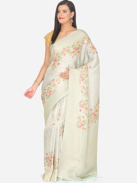 

BOMBAY SELECTIONS Green & Gold-Coloured Floral Printed Art Silk Banarasi Saree