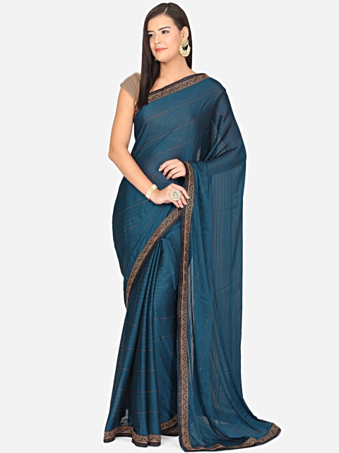 

BOMBAY SELECTIONS Blue & Gold-Coloured Stoned & Embroidered Saree