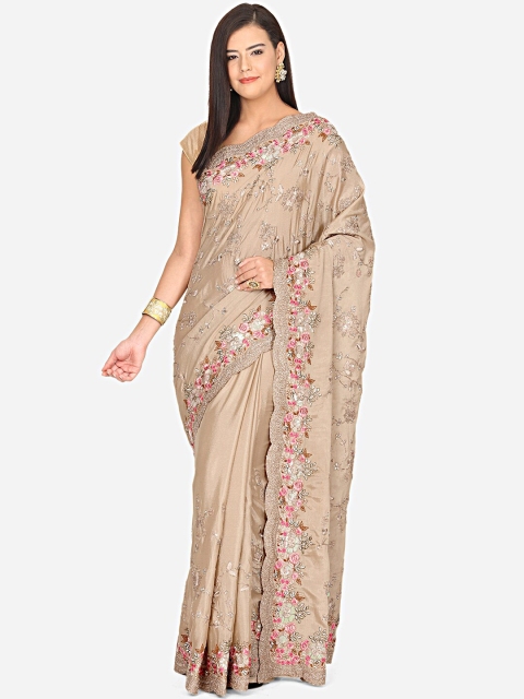 

BOMBAY SELECTIONS Beige & Pink Floral Embroidered Saree