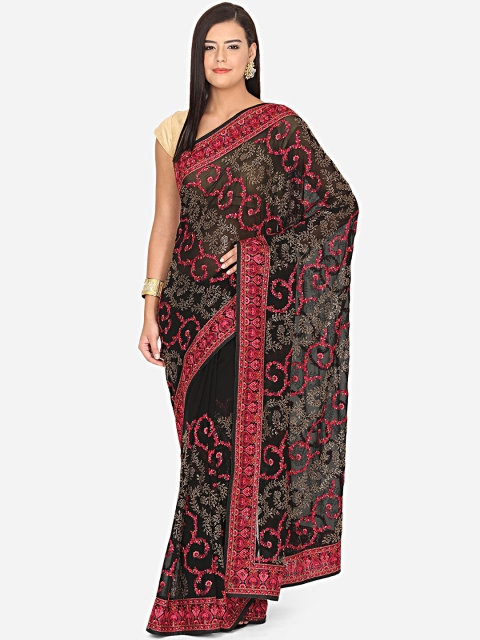 

BOMBAY SELECTIONS Black & Pink Floral Embroidered Saree