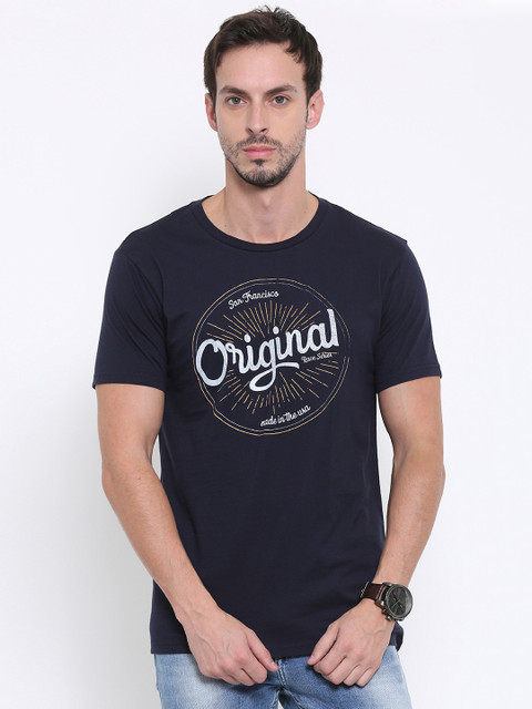 

Fox Men Navy Printed Round Neck Pure Cotton T-shirt, Navy blue