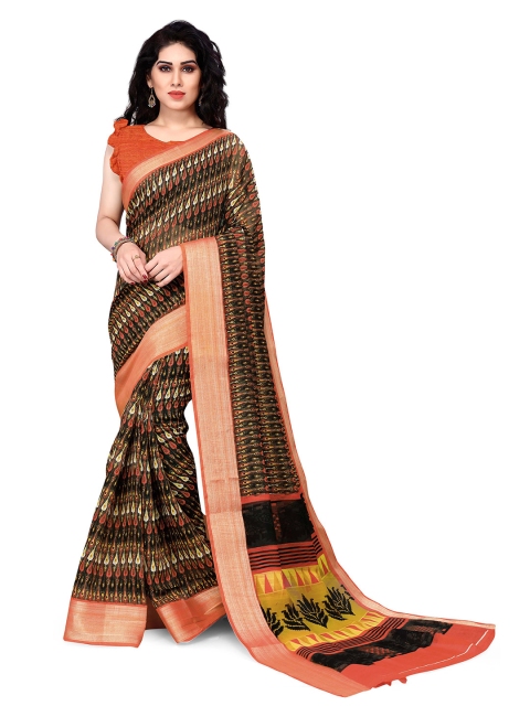 

KALINI Brown & Orange Paisley Printed Poly Cotton Designer Saree