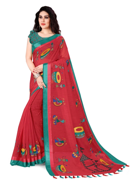 

KALINI Red & Teal Warli Polycotton Saree