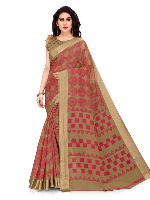 

KALINI Beige & Red Block Print Saree