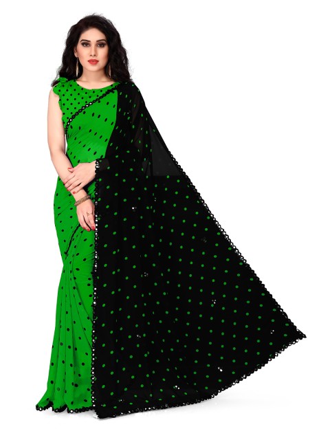 

KALINI Green & Black Mirror Work Half and Half Saree