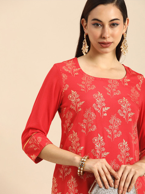 

Anouk Women Coral Red & Golden Floral Printed Kurta