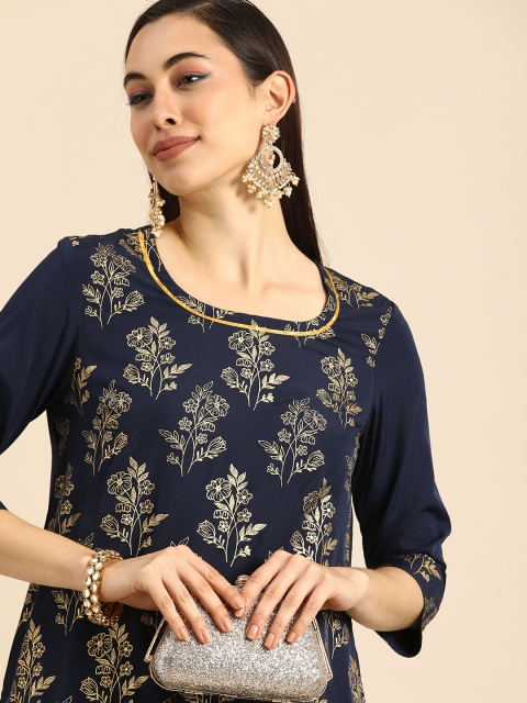 

Anouk Women Navy Blue & Golden Floral Printed Kurta