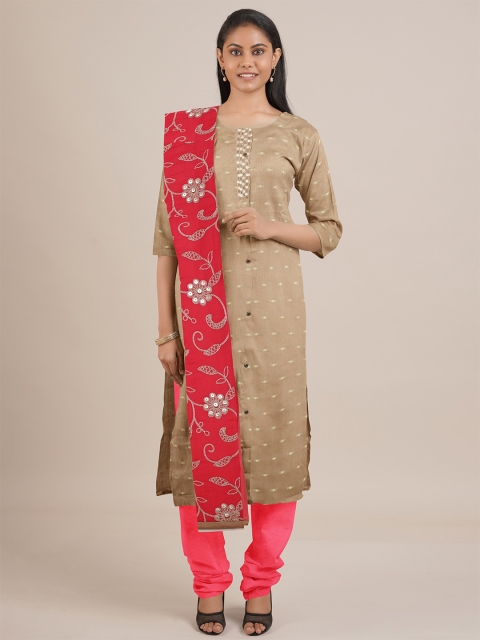 

Pothys Women Beige & Red Woven Design Unstitched Kurta Set with Dupatta
