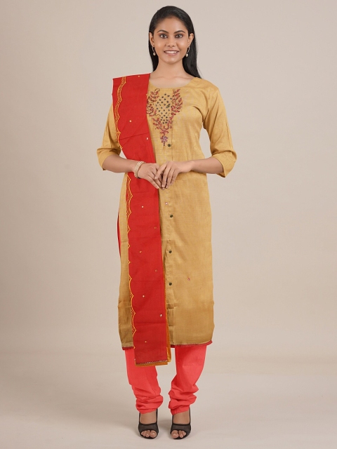 

Pothys Beige & Red Ethnic Motifs Embroidered Silk Blend Unstitched Dress Material