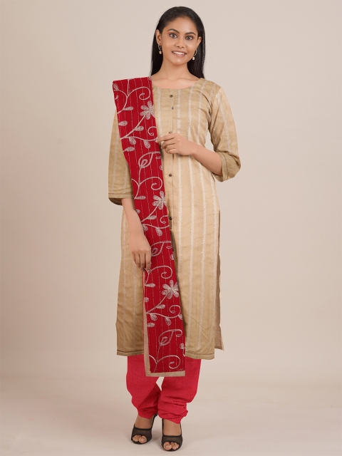 

Pothys women Cream& Red Embellished Unstitched Dress Material