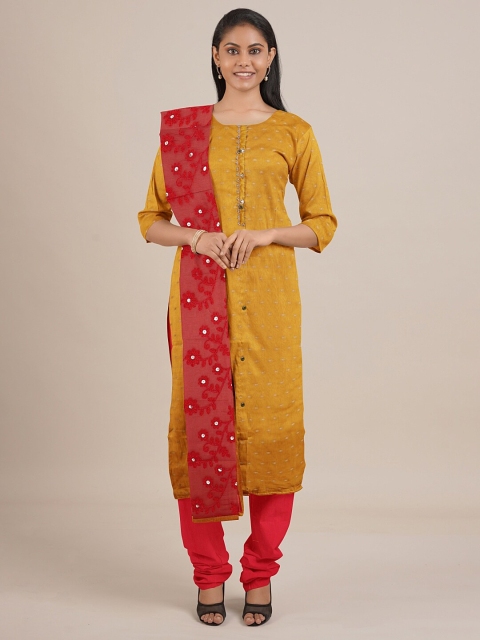 

Pothys Women Yellow & Red Embroidered Unstitched Dress Material