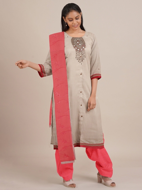 

Pothys Women Cream & Red Embellished Unstitched Dress Material
