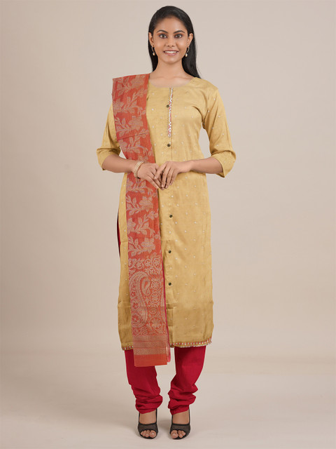 

Pothys Gold & Red Ethnic Motifs Printed Silk Blend Unstitched Dress Material