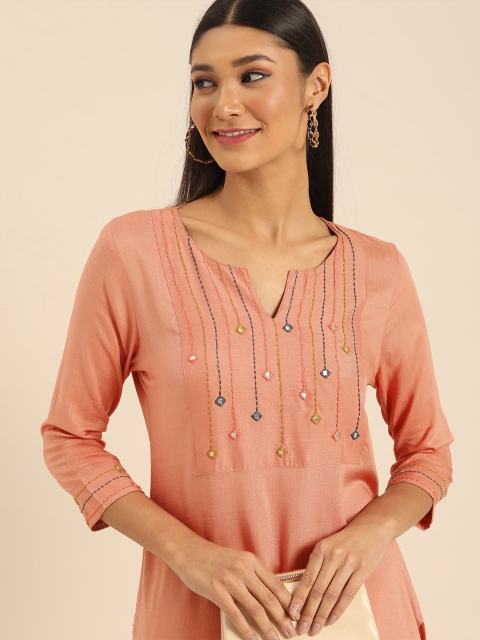 

Anouk Women Peach-Coloured Mirror Work Kurta