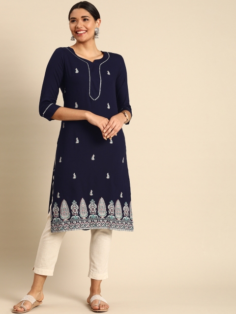 

Anouk Women Navy Blue Ethnic Motifs Embroidered Kurta