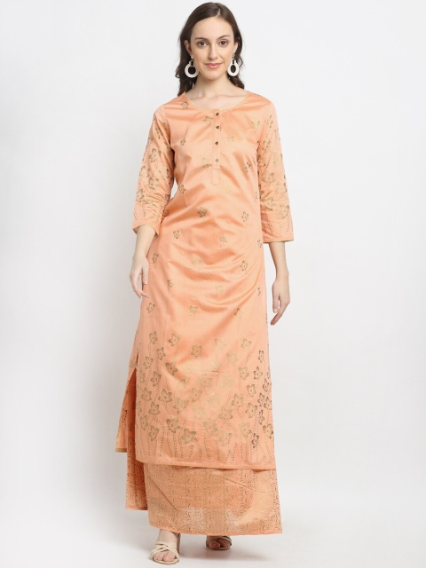

DIVA WALK Women Peach-Coloured Floral Printed Chanderi Silk Kurta with Skirt