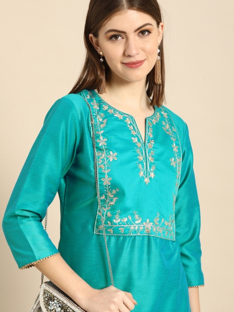 

Anouk Women Blue Floral Embroidered Sequinned Kurta with Trousers