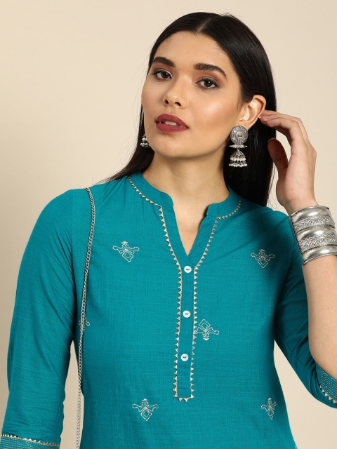 

Anouk Women Blue Ethnic Motifs Embroidered Regular Thread Work Pure Cotton Kurta with Trousers