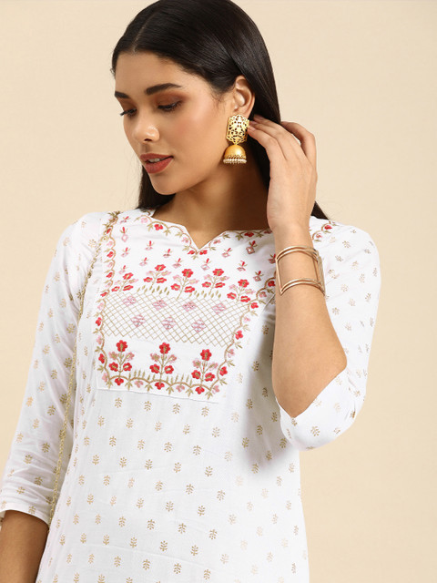 

Anouk Women White & Gold-Coloured Ethnic Motifs Printed Kurta with Embroidered Detail