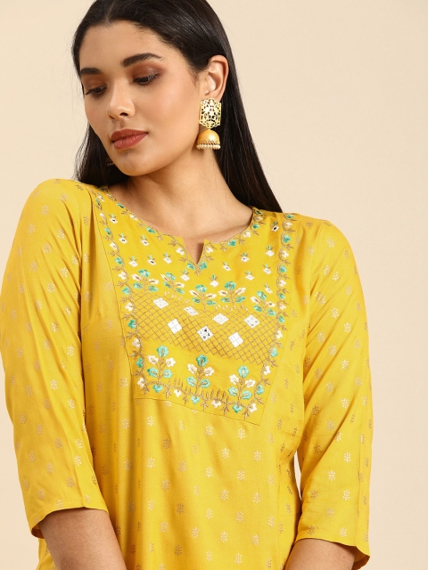 

Anouk Women Mustard Yellow & Gold-Coloured Printed Kurta with Embroidered Detail