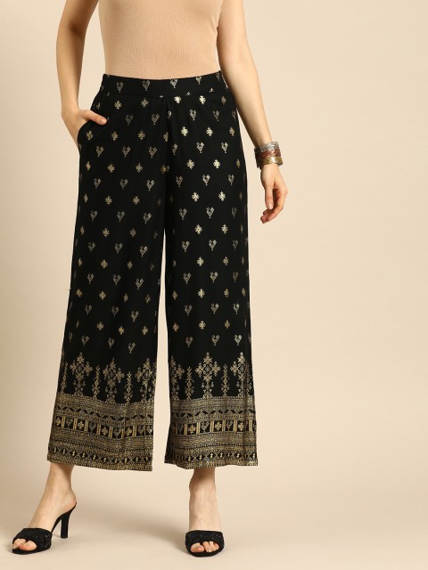 

Anouk Women Black & Gold-Toned Ethnic Motifs Printed Ethnic Palazzos