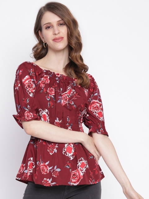 

INIESTA Maroon Floral Printed Puff Sleeve Peplum Top
